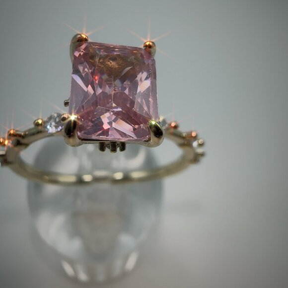 Princess Cut Pink CZ Ring – Gold Plated Brass Micro Inlay, Sizes 7 New - Picture 1 of 17